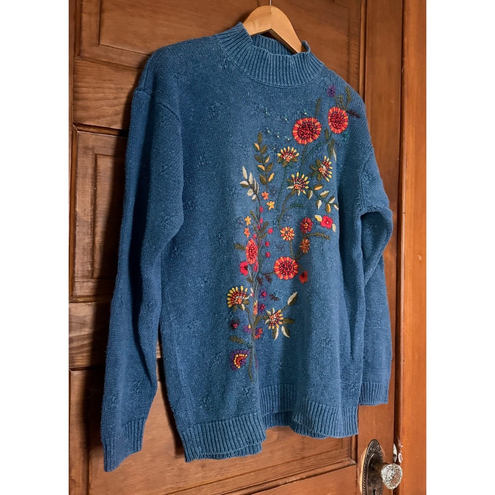 Alfred Dunner Blue Floral Embroidered Mock Neck Sweater XL Ramie Cotton Vintage